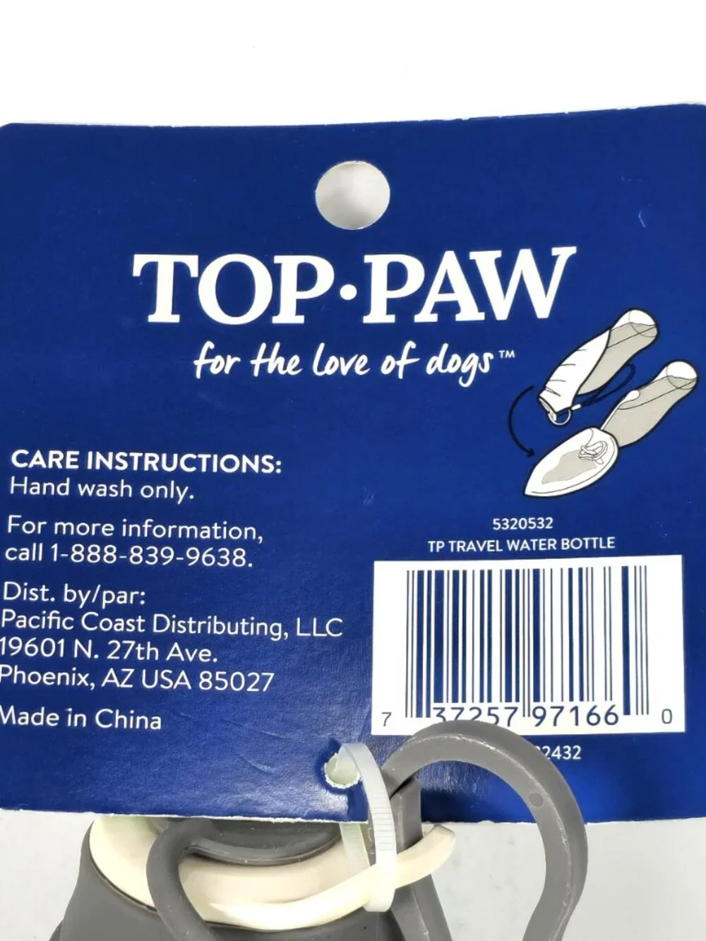 TOP PAW Travel 19 oz Dog Water Bottle with Foldable Silicone Bowl Gray New